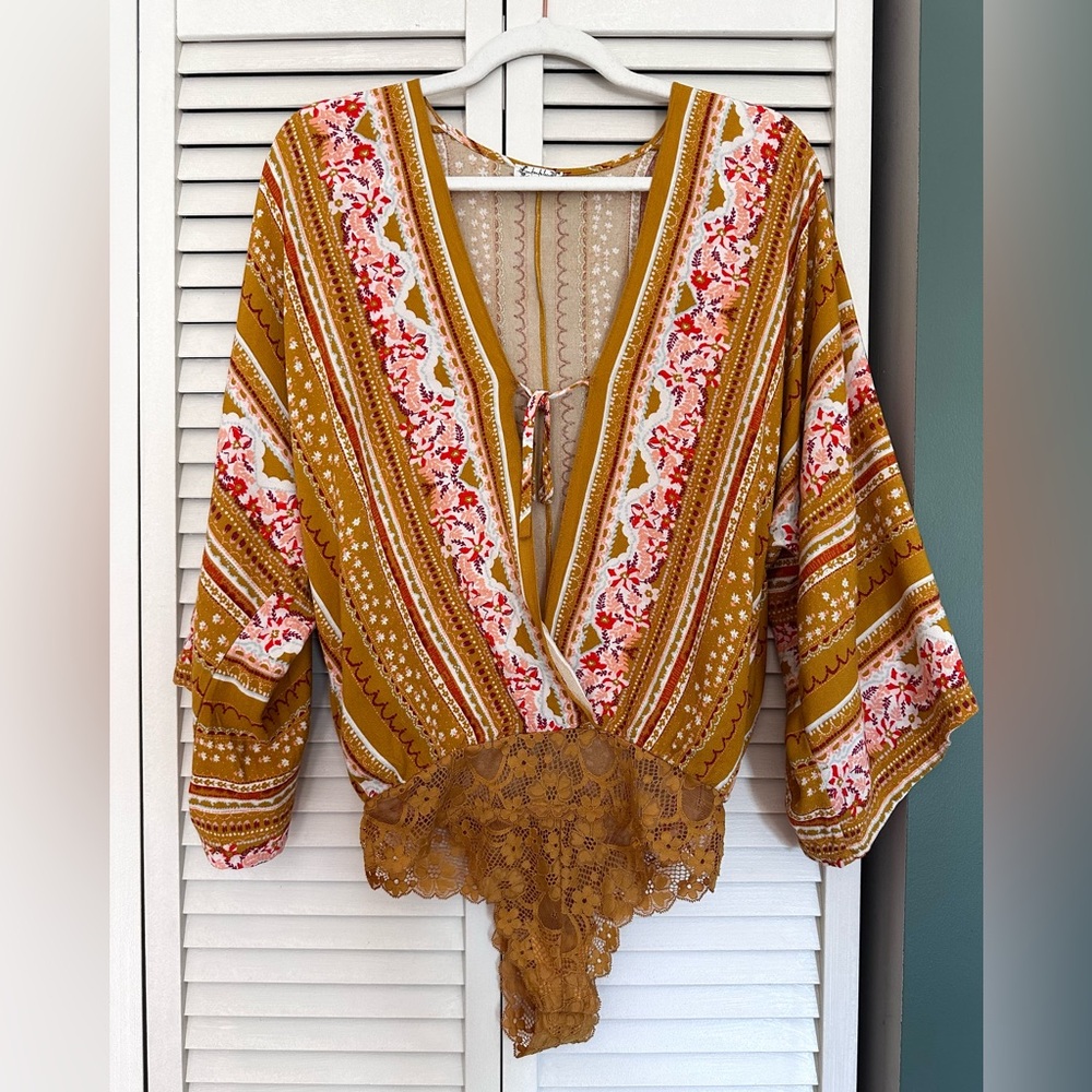 Intimately Free People Womens Yellow Patterned Blouse Bodysuit Size XS
